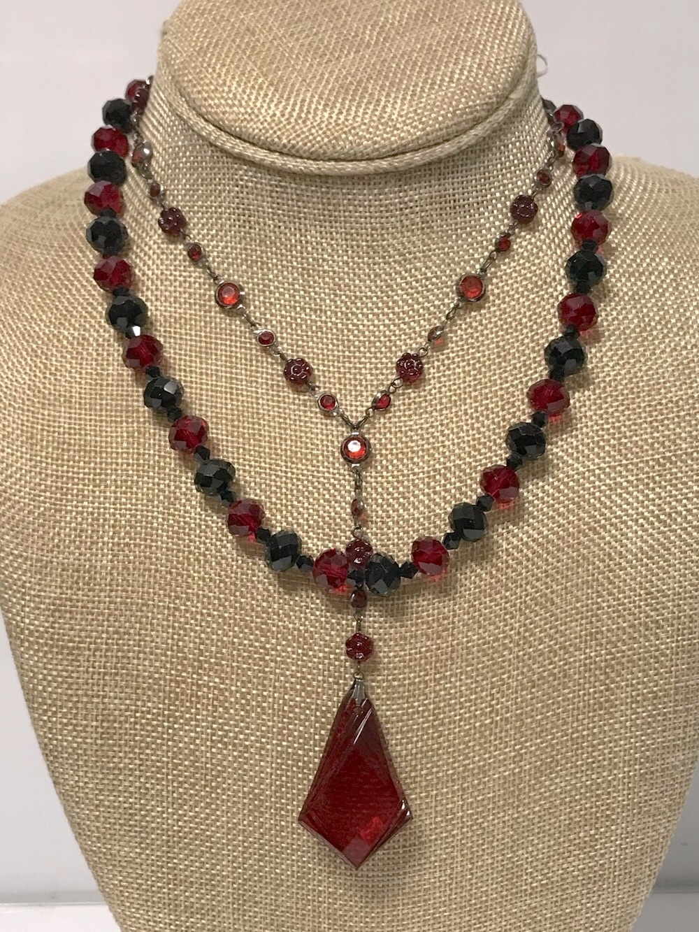 Robert Rose / Unsigned Red and Black Layered Faceted Crystals Necklaces